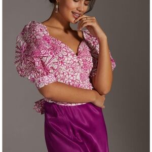 Maeve Anthropologie Tie Back Pink and White Puff Sleeve Blouse